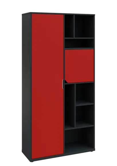 KSR6-83 L skříň šatní, 1x výsuvné ramínko, dvířka, niky, 2053x1022x400 mm, provedení levé, antracit/červená